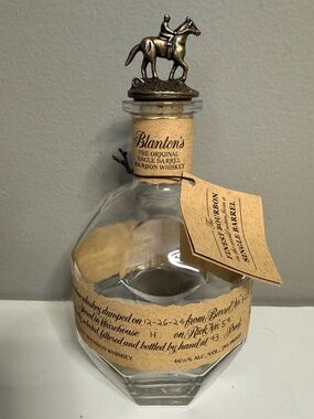 Empty Blanton's Single Barrel Bourbon Whiskey Bottle and
"B” Jockey Stopper